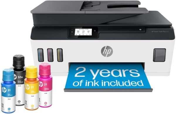 HP Smart -Tank Plus 651 Wireless All-in-One Ink -Tank Printer, up to 2 Years of Ink in Bottles, Auto Document Feeder, Mobile Print, Scan, Copy, Works with Alexa (7XV38A)