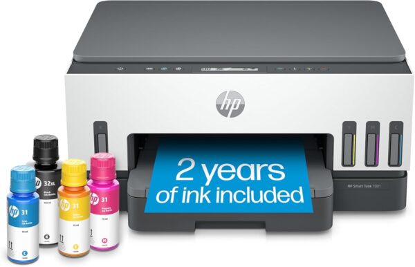 HP Smart -Tank 7001 Wireless All-in-One Cartridge-free Ink -Tank Printer, up to 2 years of ink included, mobile print, scan, copy (28B49A)